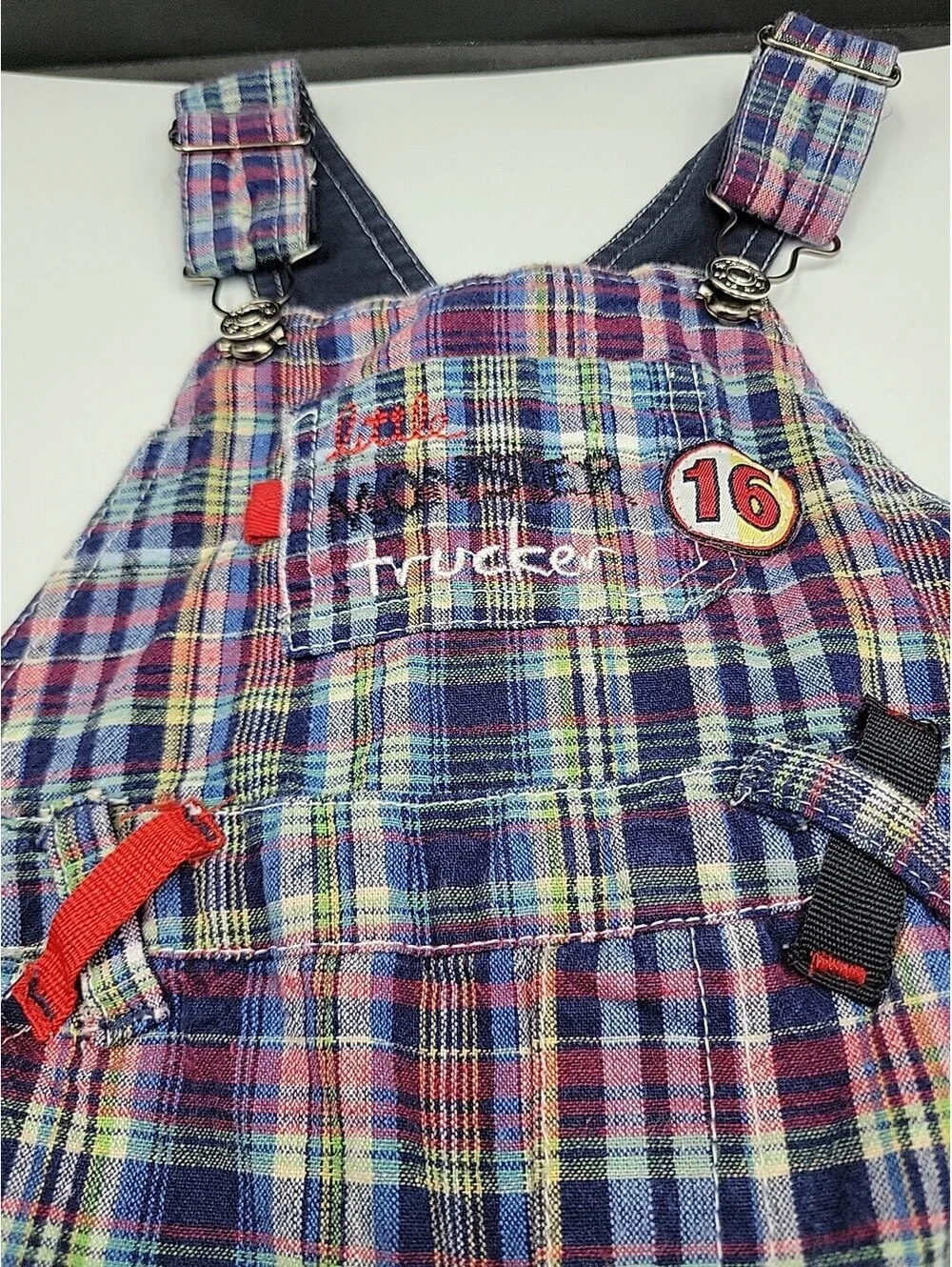 OshKosh B'Gosh Boys Size 24 Months Shortalls Blue, Red, White Plaid VTG